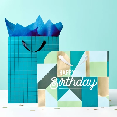 Large Birthday Gift Bag With Tissue Grid - Spritz™: Stripe Pattern, Black & Teal Blue, 12.75" X 10" X 5" 3 Large Birthday Gift Bag With Tissue Grid - Spritz™: Stripe Pattern, Black & Teal Blue, 12.75" X 10" X 5"