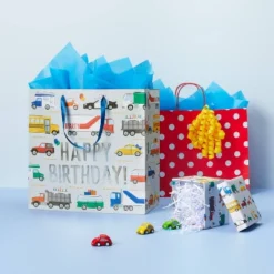 "Happy Birthday" Vehicles Large Gift Bag - Spritz™: Multicolor Boys Birthday Party Gift Bag, 15"x15"x8"