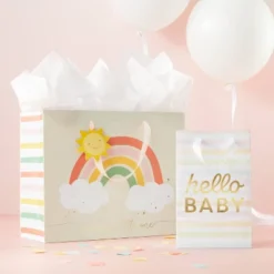 "Welcome Home Little One" Baby Medium Gift Bag - Spritz™: Rainbow Pattern, Multicolored, Baby Shower & Girl Gift