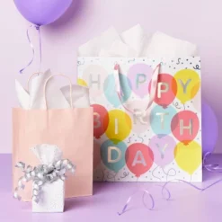 "Happy Birthday" Balloon Square Gift Bag - Spritz™: Multicolor, Paper, 15x15x8, Birthday Gift Bags