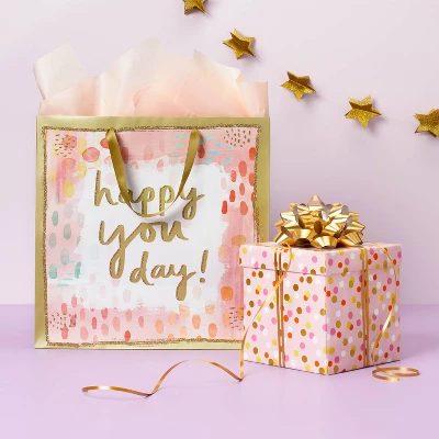 Large Happy You Day Watercolor Gift Bag - Spritz™: Multicolor Birthday Typography, 15"x15"x8" 3 Large Happy You Day Watercolor Gift Bag - Spritz™: Multicolor Birthday Typography, 15"x15"x8"