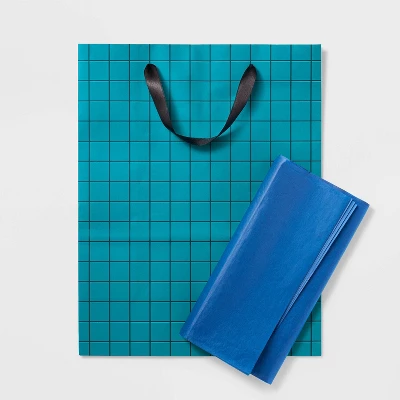 Large Birthday Gift Bag With Tissue Grid - Spritz™: Stripe Pattern, Black & Teal Blue, 12.75" X 10" X 5" 4 Large Birthday Gift Bag With Tissue Grid - Spritz™: Stripe Pattern, Black & Teal Blue, 12.75" X 10" X 5" - Image 2